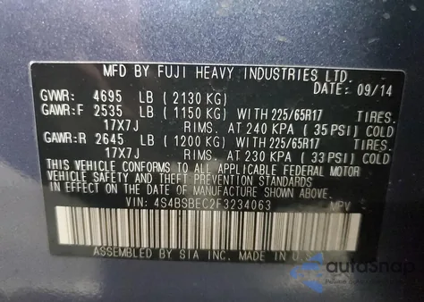 2015 Subaru Outback 2.5I Premium from USA, damaged, VIN 4S4BSBEC2F3234063